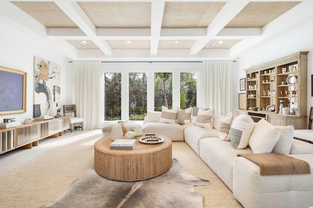 living room with beamed ceiling and coffered ceiling