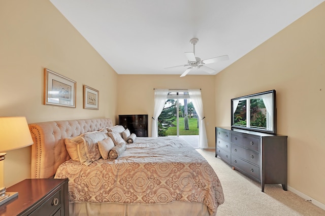 carpeted bedroom featuring access to exterior and ceiling fan