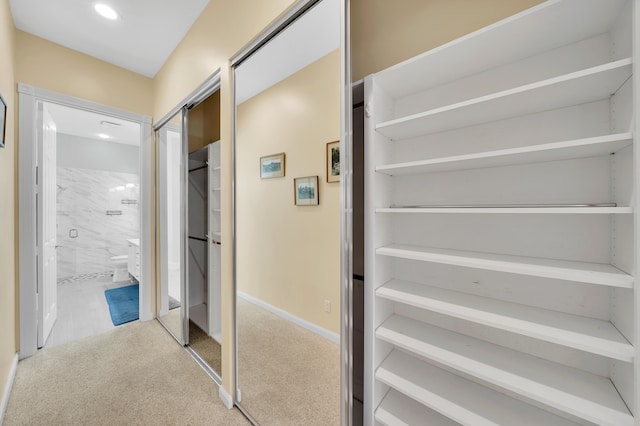 corridor with light colored carpet