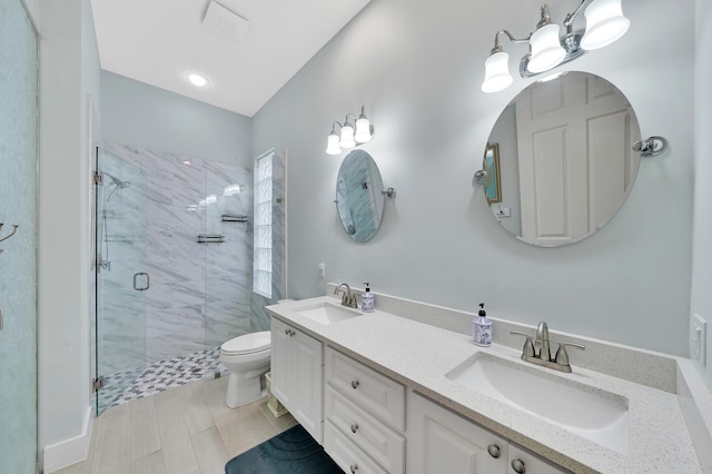 bathroom featuring toilet, vanity, and walk in shower