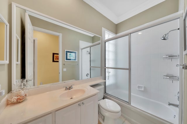 full bathroom with toilet, vanity, enclosed tub / shower combo, and ornamental molding