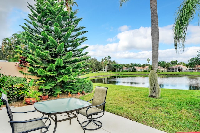 view of patio featuring a water view