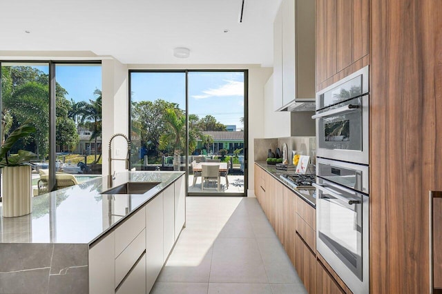 kitchen with white cabinets, a wall of windows, sink, and stainless steel appliances