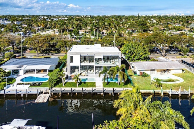 bird's eye view with a water view