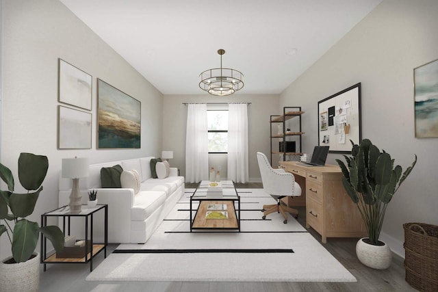 office featuring dark hardwood / wood-style flooring and an inviting chandelier