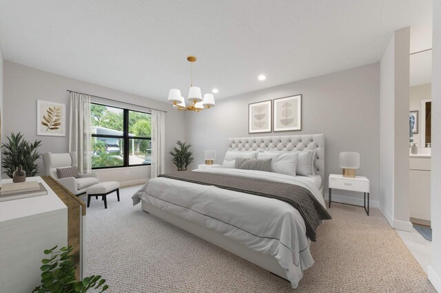 carpeted bedroom with an inviting chandelier