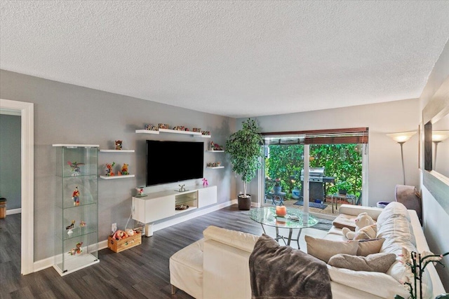 living room with a textured ceiling and dark wood-type flooring