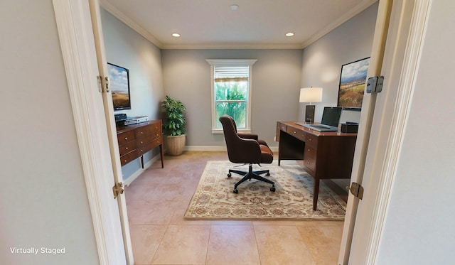 office with crown molding and light tile patterned flooring