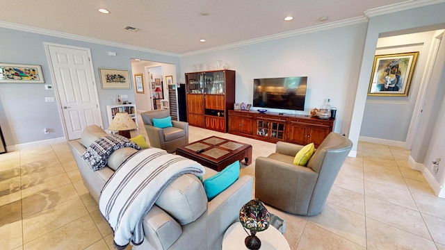 living room featuring light tile patterned flooring and ornamental molding