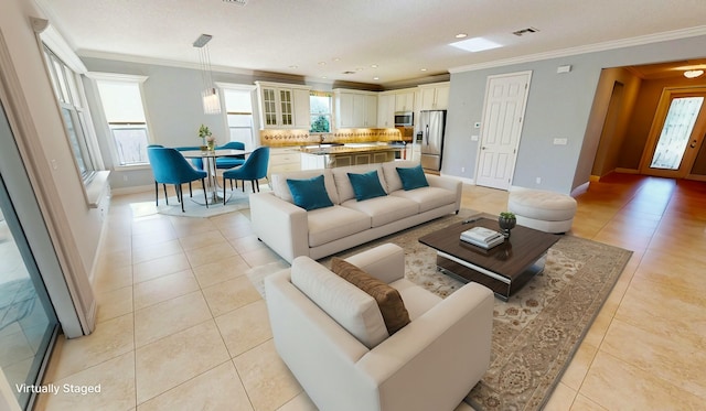 tiled living room with crown molding