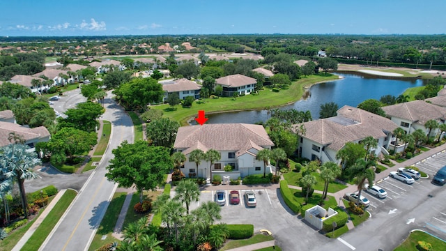 bird's eye view with a water view