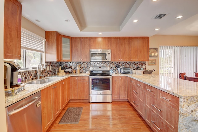 kitchen with backsplash, sink, light hardwood / wood-style flooring, light stone countertops, and stainless steel appliances