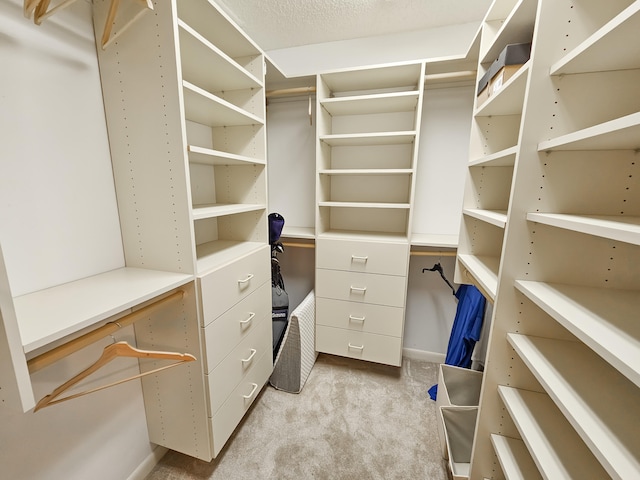 walk in closet with light carpet