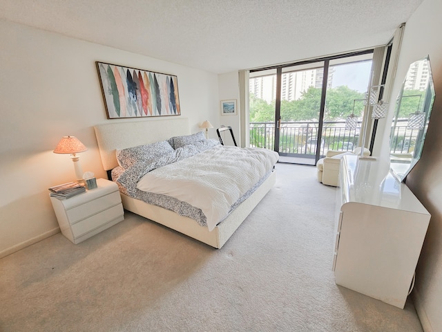 bedroom with access to exterior, a textured ceiling, and light colored carpet