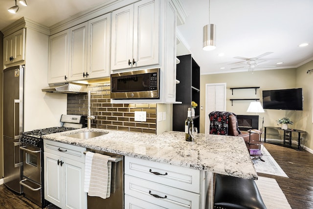 kitchen with pendant lighting, crown molding, dark wood-type flooring, and stainless steel appliances