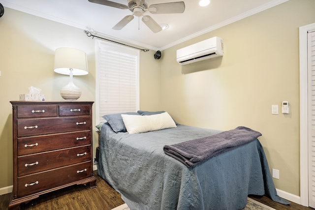 bedroom featuring ceiling fan, dark hardwood / wood-style flooring, ornamental molding, and a wall unit AC