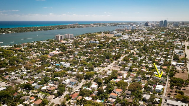 bird's eye view with a water view