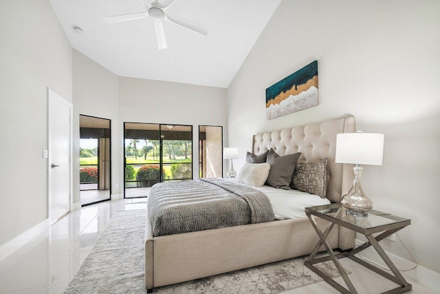 bedroom with access to outside, high vaulted ceiling, and ceiling fan