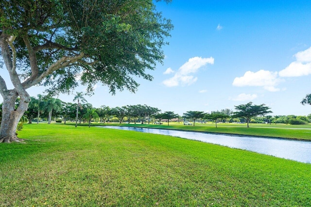 view of community featuring a water view and a yard