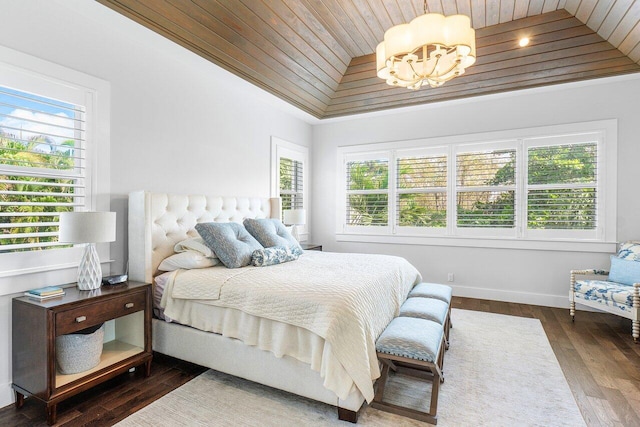 bedroom with multiple windows, wood ceiling, and dark hardwood / wood-style floors