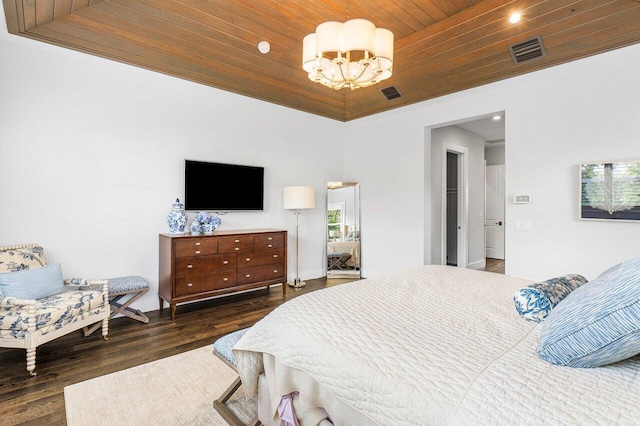 bedroom with dark hardwood / wood-style flooring, wooden ceiling, and a notable chandelier