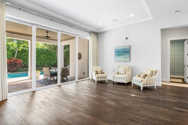 unfurnished room featuring a raised ceiling, ceiling fan, and dark hardwood / wood-style flooring