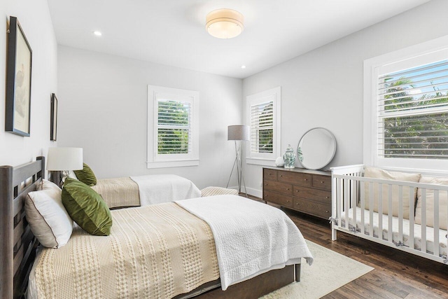 bedroom featuring dark wood-type flooring and multiple windows