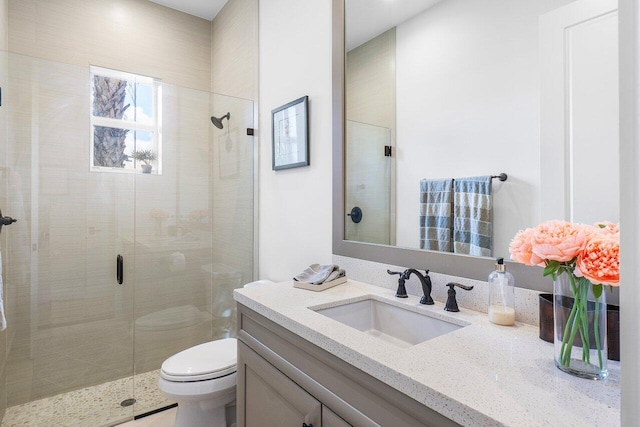 bathroom with vanity, toilet, and a shower with door