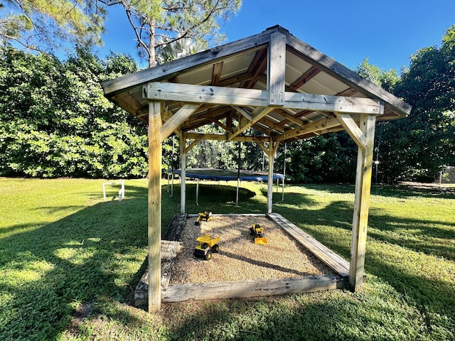 surrounding community with a trampoline and a lawn