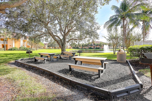 view of property's community featuring a yard and a water view