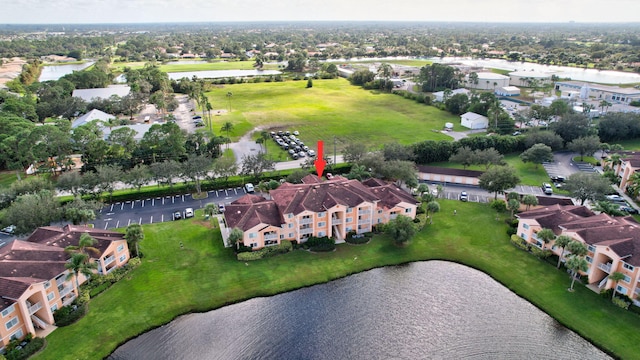 drone / aerial view featuring a water view