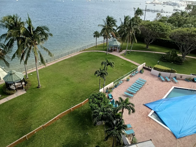 view of pool featuring a gazebo and a water view