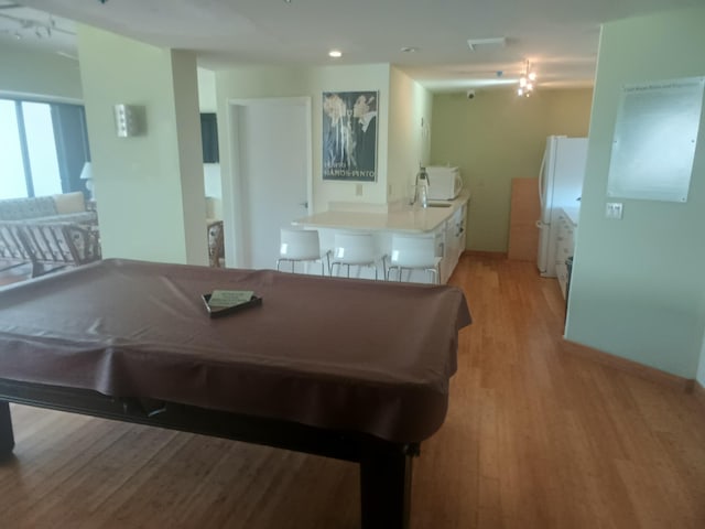 recreation room with light hardwood / wood-style flooring and pool table