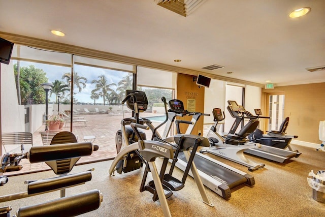 gym featuring carpet flooring and ornamental molding