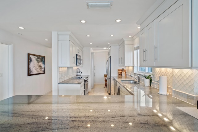 kitchen with stone counters, sink, white cabinets, kitchen peninsula, and stainless steel appliances