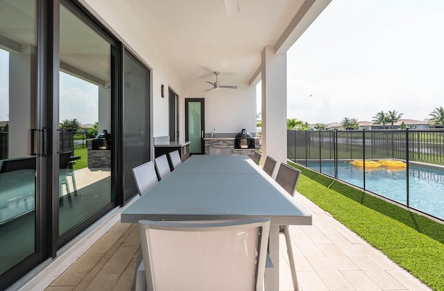 exterior space featuring ceiling fan and a water view