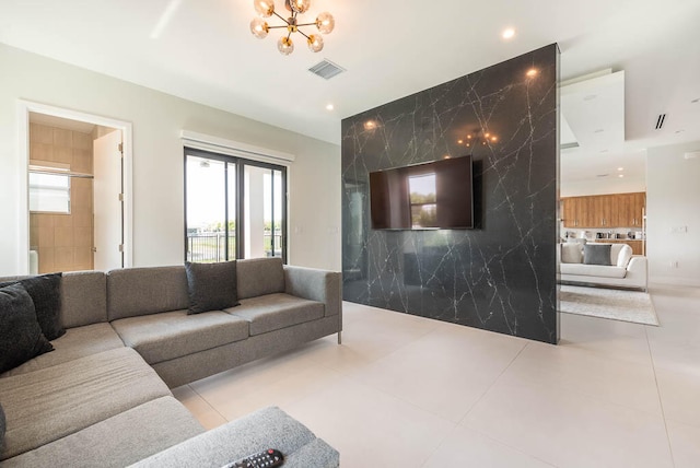 tiled living room featuring tile walls