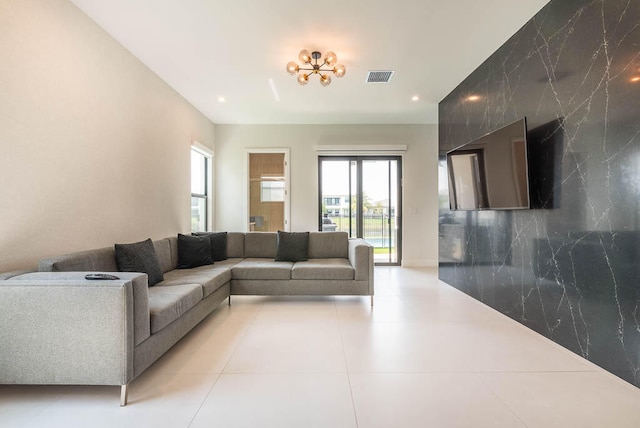 tiled living room featuring tile walls