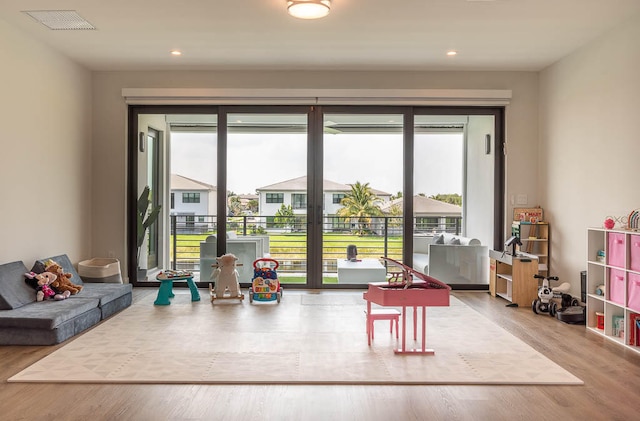 game room featuring light wood-type flooring and a wealth of natural light