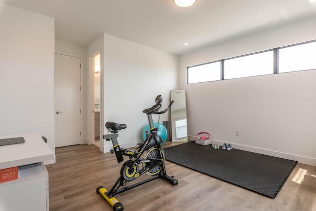 exercise room featuring light wood-type flooring