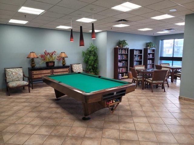 recreation room with a drop ceiling, visible vents, and billiards