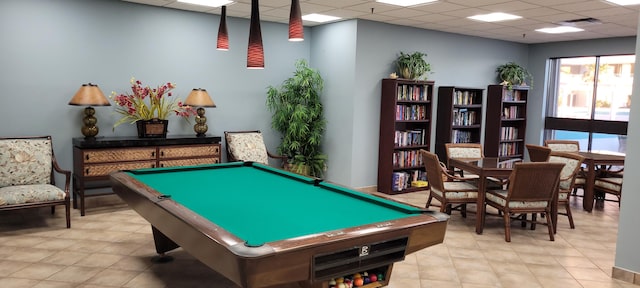 game room with a drop ceiling, billiards, and visible vents