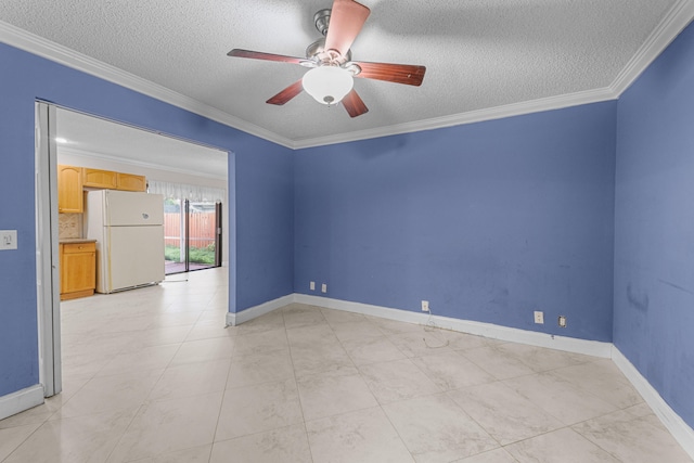 empty room featuring ceiling fan, a textured ceiling, and ornamental molding