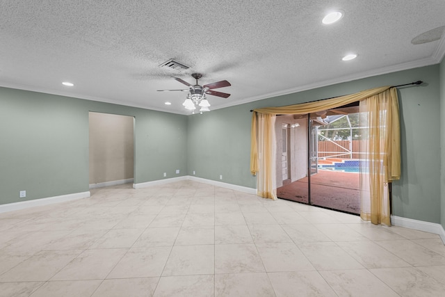 unfurnished room with ceiling fan, crown molding, and a textured ceiling