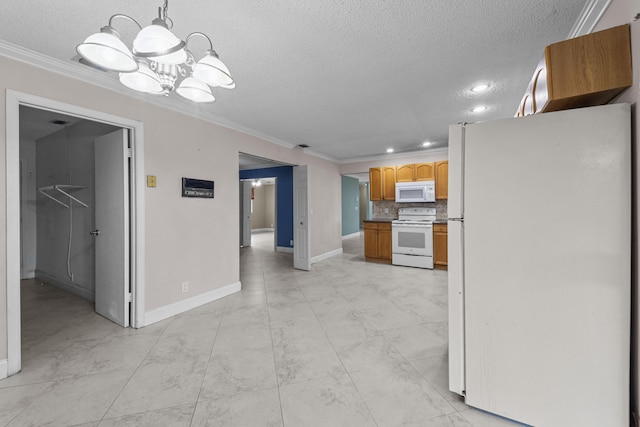 kitchen featuring backsplash, white appliances, a textured ceiling, crown molding, and pendant lighting