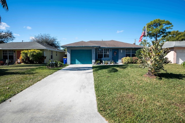 ranch-style house featuring a front yard and a garage