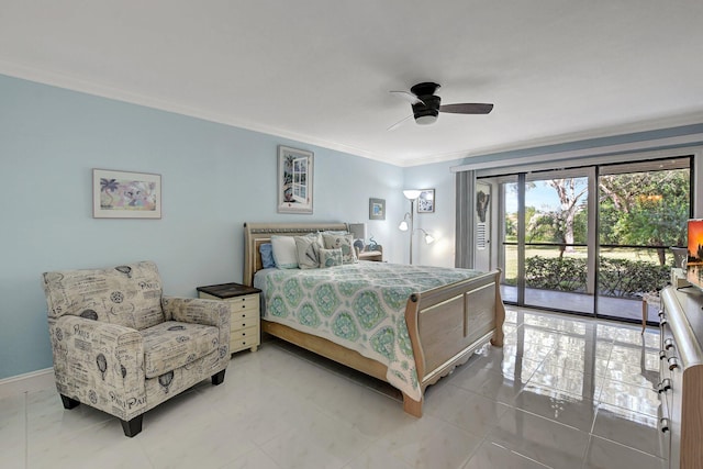 bedroom featuring access to exterior, light tile patterned floors, ceiling fan, and ornamental molding