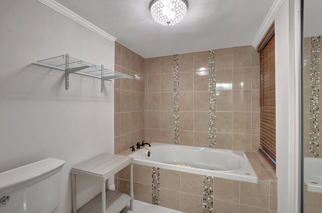5750 Camino Del Sol Unit 102, Boca Raton, FL 33433 - bathroom with a relaxing tiled tub, toilet, crown molding, and tile walls