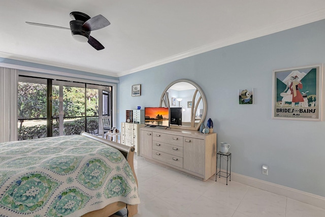 bedroom featuring access to exterior, ceiling fan, and ornamental molding