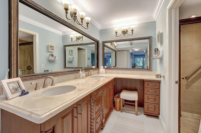 bathroom with a tile shower, a notable chandelier, tile patterned floors, vanity, and ornamental molding